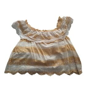 American Eagle Yellow White Striped Eyelet Off Shoulder Ruffle Top Large Boho